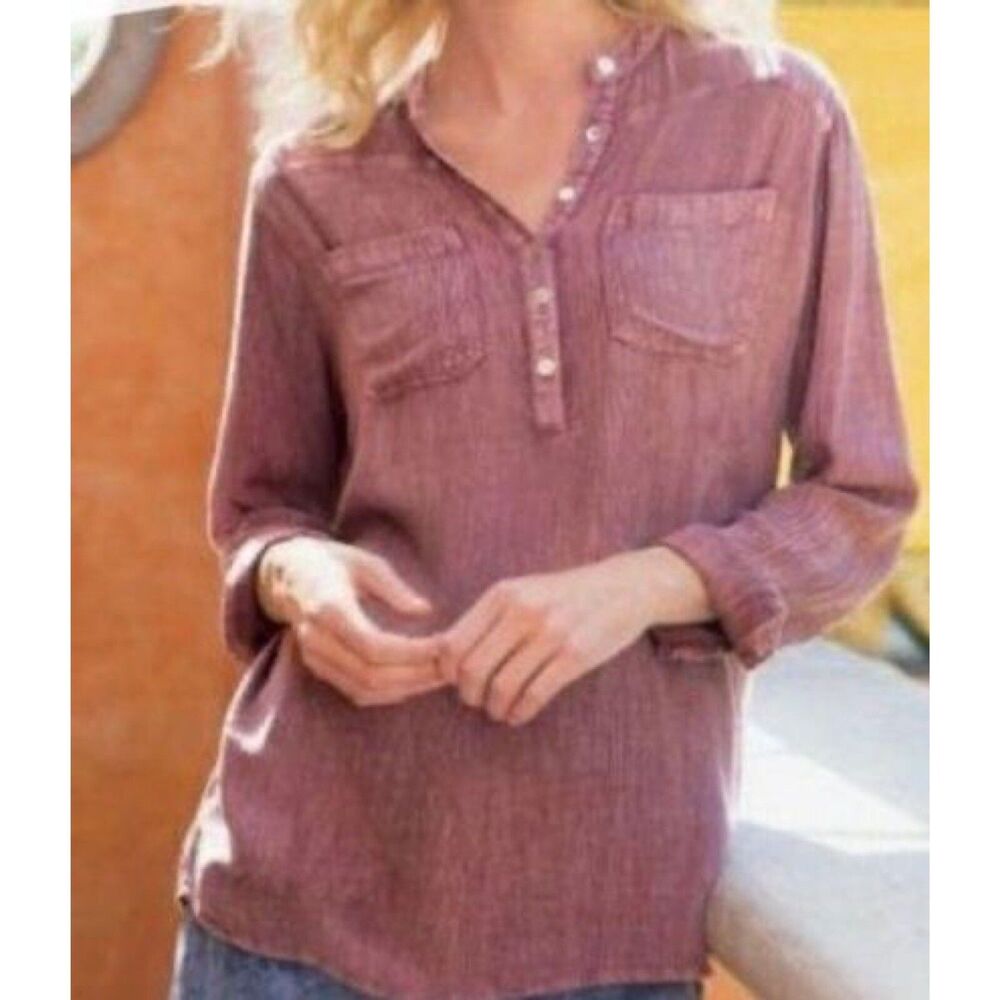 Soft Surroundings Top Size Medium Pink Leila Crinkle‎ Popover Tunic Blouse